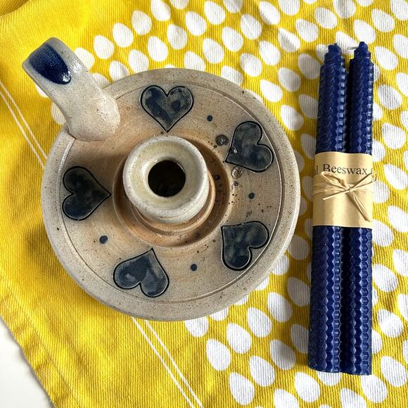 Rowe Pottery Chamber Candle Holder Blue Hearts and Beeswax Candles Countrycore - Picture 1 of 11